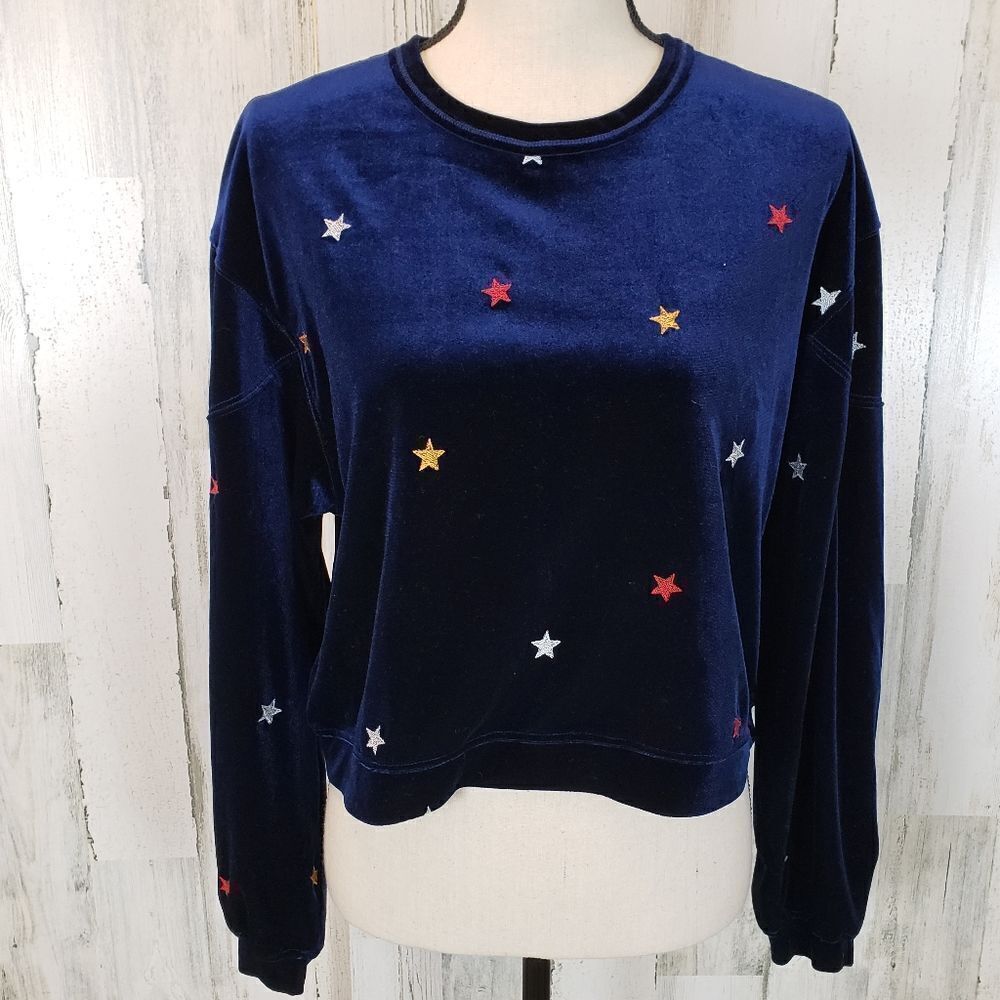 Row A Navy Velour Star Embroidered Top